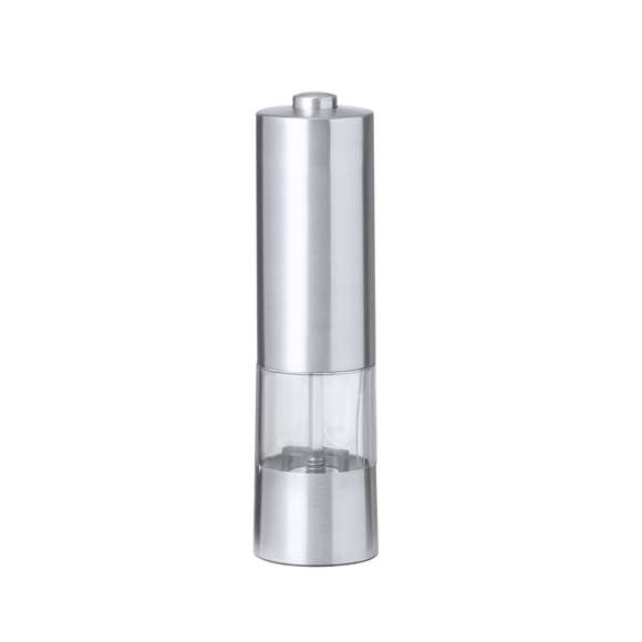 Molinillo eléctrico para sal y pimienta en acero inox. Ideal para agregar la especia más deseada en compartimento de 70 ml, condimentando al pulsar el botón superior pudiendo ajustar el tamaño del grano. Equipado con una ventana para visualizar la cantidad de especia que queda y con luz LED. Alimentado por 4 pilas AAA (no incluidas) y presentada en caja de diseño kraft.