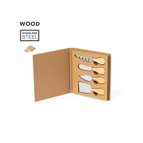 Set de quesos fabricado en madera. Utensilios fabricados en acero inox y mango de madera, con cuatro modelos diferentes: para quesos duros, quesos blandos, quesos semiduros y quesos en trozos. Presentados en original estuche de cartón reciclado, con interior troquelado para cada accesorio.