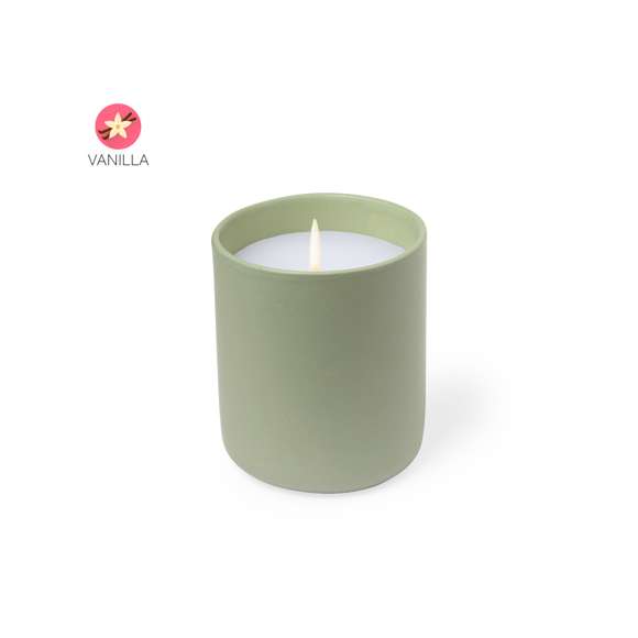 Vela aromática en tarro de cerámica con aroma a vainilla. Disponible en cristal de elegantes colores de tonos naturales. Presentada en caja individual diseño kraft.
