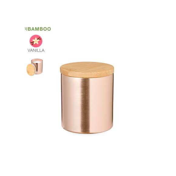 Vela aromática con perfume vainilla. Presentada en tarro de metal con tapadera fabricada en bambú. Tarro disponible en variada gama de colores de acabado metalizado. Presentada individualmente en caja de diseño kraft.Materiales como el bambú fomentan la utilización de materias primas naturales, reduciendo las emisiones contaminantes. Proviene de una planta de gran resistencia y versatilidad, con crecimiento y regeneración rápidos, siendo una excelente alternativa al uso de madera tradicional.