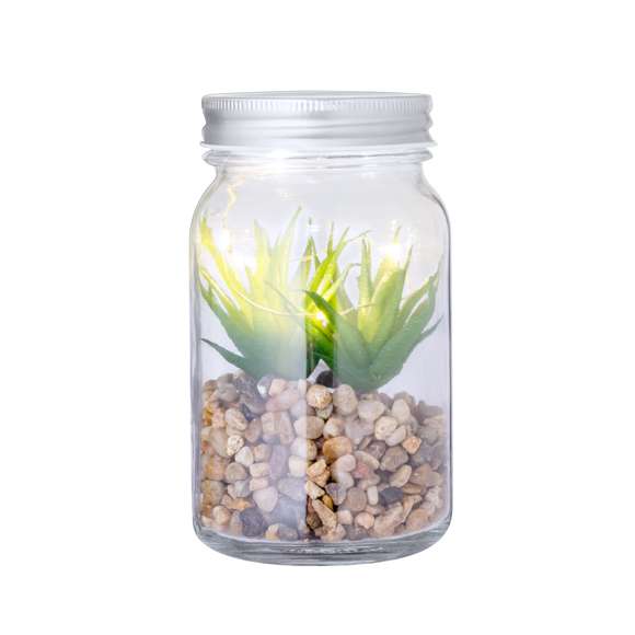 Planta decorativa sobre una base de piedras, en tarro de cristal de borosilicato. Iluminada por 5 LEDs que funcionan con 3 pilas AAA (no incluidas). Presentado en caja de diseño kraft.Fabricado en cristal de borosilicato, que ofrece una resistencia y durabilidad excepcionales, alargando su vida útil y pudiendo ser reutilizado infinidad de veces.