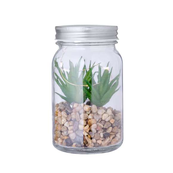 Planta decorativa sobre una base de piedras, en tarro de cristal de borosilicato. Iluminada por 5 LEDs que funcionan con 3 pilas AAA (no incluidas). Presentado en caja de diseño kraft.Fabricado en cristal de borosilicato, que ofrece una resistencia y durabilidad excepcionales, alargando su vida útil y pudiendo ser reutilizado infinidad de veces.
