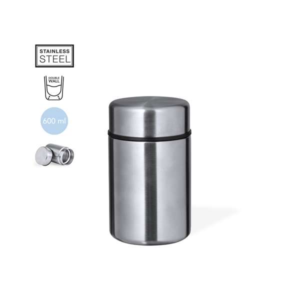 Fiambrera de doble pared, fabricada en acero inox y de 600 ml de capacidad. Cierre de seguridad con tapadera estanca de rosca en acero inox. Disponible en varios colores y presentada en atractiva caja individual de diseño.