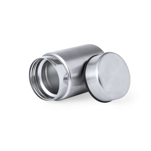 Fiambrera de doble pared, fabricada en acero inox y de 600 ml de capacidad. Cierre de seguridad con tapadera estanca de rosca en acero inox. Disponible en varios colores y presentada en atractiva caja individual de diseño.