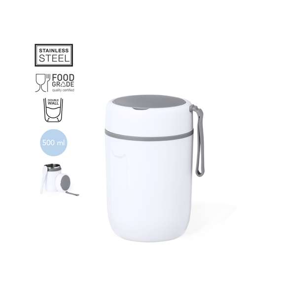 Fiambrera de doble pared, fabricada en acero inox y PP de 500 ml de capacidad. Cierre de seguridad con tapadera estanca de rosca, incluye cubierto plegable y asa de transporte. Presentada en atractiva caja individual de diseño.