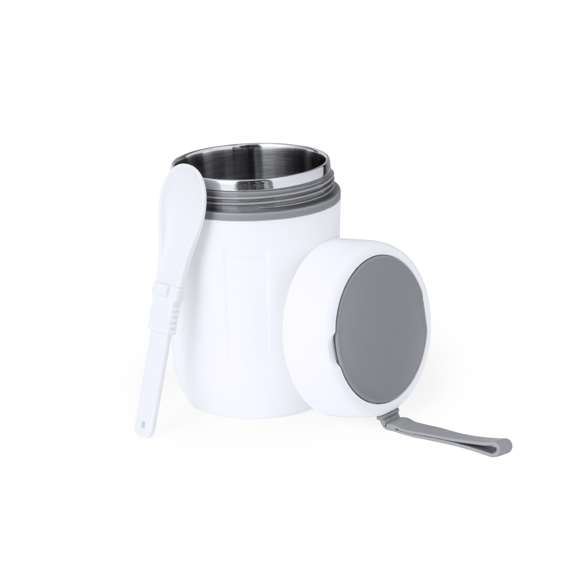 Fiambrera de doble pared, fabricada en acero inox y PP de 500 ml de capacidad. Cierre de seguridad con tapadera estanca de rosca, incluye cubierto plegable y asa de transporte. Presentada en atractiva caja individual de diseño.
