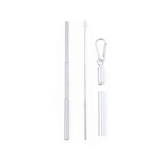 Pajita reutilizable y extensible en acero inox, con boquilla de silicona. Con accesorio limpiador incluido y presentada en estuche a juego con mosquetón para transporte.