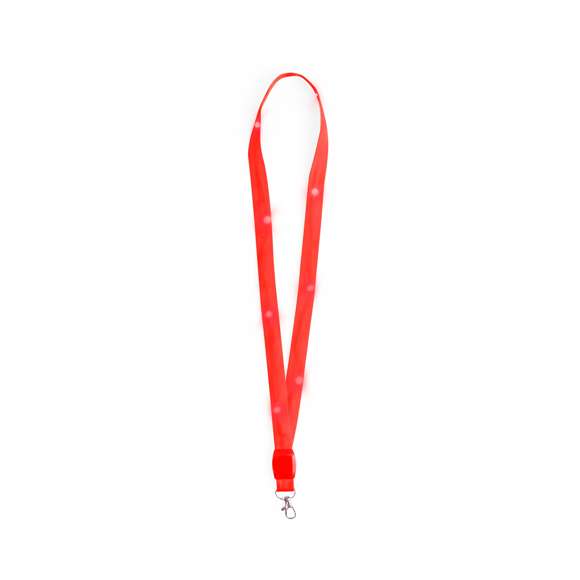 Original lanyard con luces LEDs. Divertido cordón para cuello que contiene en su interior 8 LEDs alimentadas por pilas de botón (incluidas), con su discreto interruptor se puede poner en tres posiciones (luz fija, luz intermitente rápida o lenta). Disponible en varios colores. Con práctico gancho giratorio.