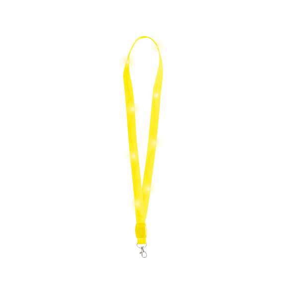 Original lanyard con luces LEDs. Divertido cordón para cuello que contiene en su interior 8 LEDs alimentadas por pilas de botón (incluidas), con su discreto interruptor se puede poner en tres posiciones (luz fija, luz intermitente rápida o lenta). Disponible en varios colores. Con práctico gancho giratorio.