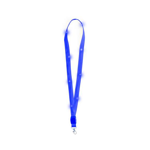 Original lanyard con luces LEDs. Divertido cordón para cuello que contiene en su interior 8 LEDs alimentadas por pilas de botón (incluidas), con su discreto interruptor se puede poner en tres posiciones (luz fija, luz intermitente rápida o lenta). Disponible en varios colores. Con práctico gancho giratorio.