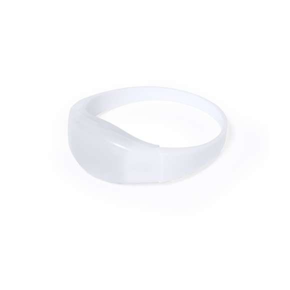 Original pulsera con luces LEDs. En suave silicona y con 2 luces LEDs de colores en su interior, alimentadas por pila de botón (incluida). Con discreto interruptor sensible al sonido y que cambia automáticamente el color de las luces al ritmo de la música. Presentada individualmente en una bolsa de papel reciclado.
