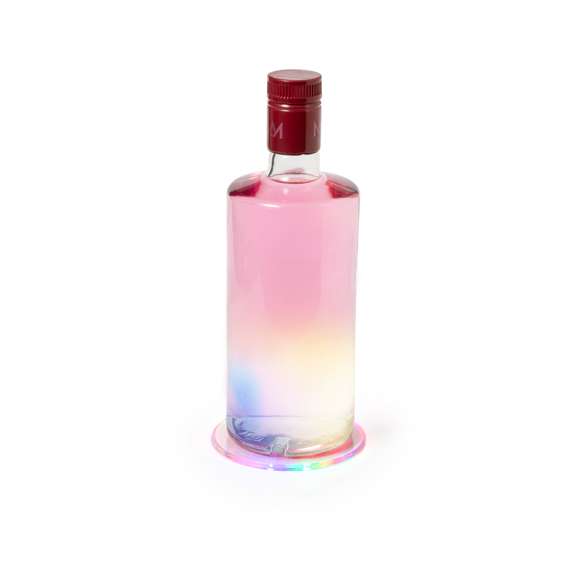 Original posavasos con 6 LEDs para iluminar las bebidas. Con botón en la base y 3 posiciones de iluminación (luz fija y luz intermitente rápida o lenta) . Se fija a la base de cualquier bebida con cinta autoadhesiva y está alimentado por dos pilas de botón (incluidas).