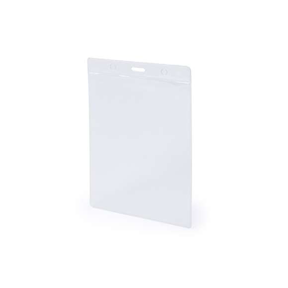 Identificador vertical de PVC. Práctico porta acreditaciones con parte superior reforzada y perforaciones tanto para la sujeción central como en los laterales.
