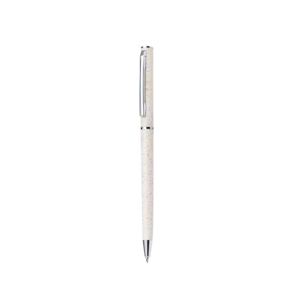 Bolígrafo con cuerpo en caña de trigo. Clip metálico y accesorios cromados. De mecanismo giratorio y de tinta azul. Con logotipo caña de trigo y disponible en color nature.La caña de trigo fomenta la utilización de materias primas naturales, reduciendo así las emisiones contaminantes.