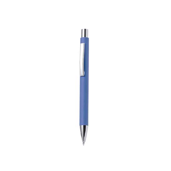 Elegante bolígrafo de mecanismo pulsador con cuerpo en papel reciclado y accesorios de acabado metálico en color plateado brillante. De tinta azul. Disponible en variada gama de colores.