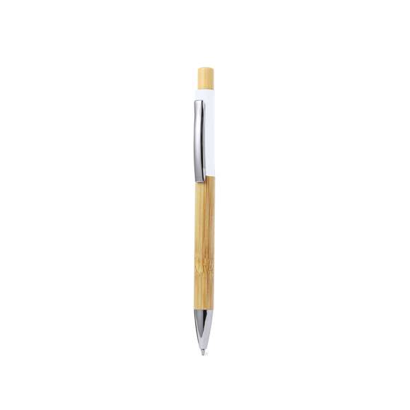 Elegante bolígrafo fabricado en bambú. Cuerpo en resistente aluminio de acabado goma y empuñadura en bambú, con la caña en una amplia gama de distintivos colores. Clip metálico, con mecanismo pulsador y en tinta azul. Presentado en bolsa individual reciclada.Materiales como el bambú fomentan la utilización de materias primas naturales, reduciendo las emisiones contaminantes. Proviene de una planta de gran resistencia y versatilidad, con crecimiento y regeneración rápidos, siendo una excelente alternativa al uso de madera tradicional.