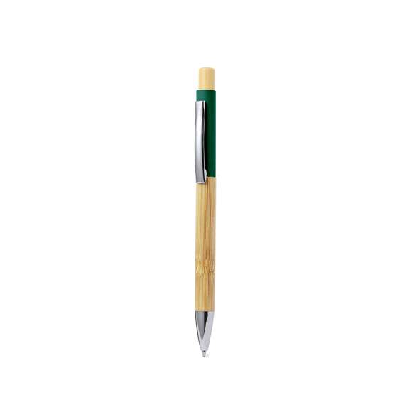 Elegante bolígrafo fabricado en bambú. Cuerpo en resistente aluminio de acabado goma y empuñadura en bambú, con la caña en una amplia gama de distintivos colores. Clip metálico, con mecanismo pulsador y en tinta azul. Presentado en bolsa individual reciclada.Materiales como el bambú fomentan la utilización de materias primas naturales, reduciendo las emisiones contaminantes. Proviene de una planta de gran resistencia y versatilidad, con crecimiento y regeneración rápidos, siendo una excelente alternativa al uso de madera tradicional.