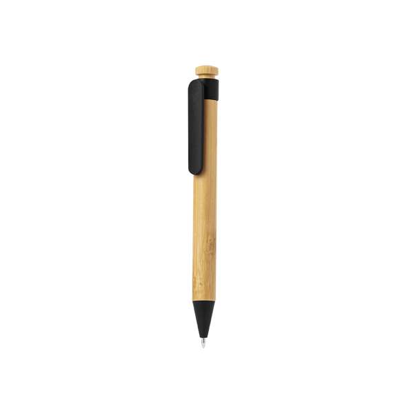 Bolígrafo con mecanismo pulsador de bambú y caña de trigo. Cuerpo en bambú, con accesorios a juego en caña de trigo. Original clip tamaño XL, disponible en variada gama de colores de carga jumbo y en tinta azul.Materiales como el bambú fomentan la utilización de materias primas naturales, reduciendo las emisiones contaminantes. Proviene de una planta de gran resistencia y versatilidad, con crecimiento y regeneración rápidos, siendo una excelente alternativa al uso de madera tradicional.
