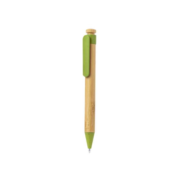 Bolígrafo con mecanismo pulsador de bambú y caña de trigo. Cuerpo en bambú, con accesorios a juego en caña de trigo. Original clip tamaño XL, disponible en variada gama de colores de carga jumbo y en tinta azul.Materiales como el bambú fomentan la utilización de materias primas naturales, reduciendo las emisiones contaminantes. Proviene de una planta de gran resistencia y versatilidad, con crecimiento y regeneración rápidos, siendo una excelente alternativa al uso de madera tradicional.