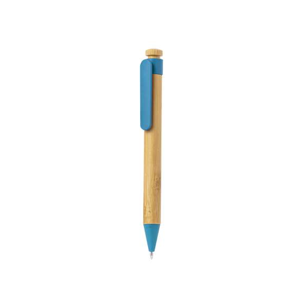 Bolígrafo con mecanismo pulsador de bambú y caña de trigo. Cuerpo en bambú, con accesorios a juego en caña de trigo. Original clip tamaño XL, disponible en variada gama de colores de carga jumbo y en tinta azul.Materiales como el bambú fomentan la utilización de materias primas naturales, reduciendo las emisiones contaminantes. Proviene de una planta de gran resistencia y versatilidad, con crecimiento y regeneración rápidos, siendo una excelente alternativa al uso de madera tradicional.