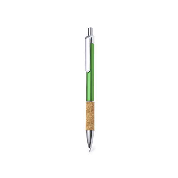 Elegante bolígrafo de corcho y aluminio con mecanismo pulsador. Cuerpo en resistente aluminio de acabado brillante y empuñadura en corcho, con la caña en una amplia gama de distintivos colores. Clip metálico, y en tinta azul. Presentado en bolsa individual reciclada.Elaborado con elementos vegetales para así fomentar la utilización de materias primas naturales y reducir las emisiones contaminantes.