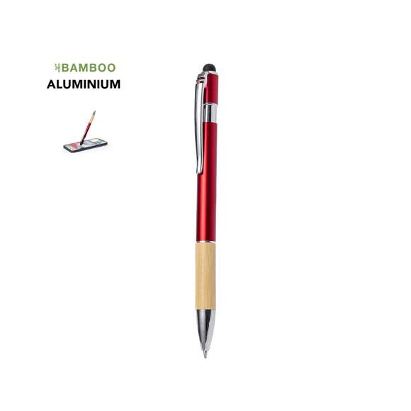 Elegante bolígrafo puntero de bambú y aluminio con mecanismo pulsador. Cuerpo en resistente aluminio de acabado brillante y empuñadura en bambú con puntero en la parte superior en negro. Caña en una amplia gama de distintivos colores metálicos. Clip metálico, con pulsador retráctil y en tinta azul. Presentado en bolsa individual reciclada.Materiales como el bambú fomentan la utilización de materias primas naturales, reduciendo las emisiones contaminantes. Proviene de una planta de gran resistencia y versatilidad, con crecimiento y regeneración rápidos, siendo una excelente alternativa al uso de madera tradicional.