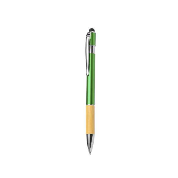 Elegante bolígrafo puntero de bambú y aluminio con mecanismo pulsador. Cuerpo en resistente aluminio de acabado brillante y empuñadura en bambú con puntero en la parte superior en negro. Caña en una amplia gama de distintivos colores metálicos. Clip metálico, con pulsador retráctil y en tinta azul. Presentado en bolsa individual reciclada.Materiales como el bambú fomentan la utilización de materias primas naturales, reduciendo las emisiones contaminantes. Proviene de una planta de gran resistencia y versatilidad, con crecimiento y regeneración rápidos, siendo una excelente alternativa al uso de madera tradicional.