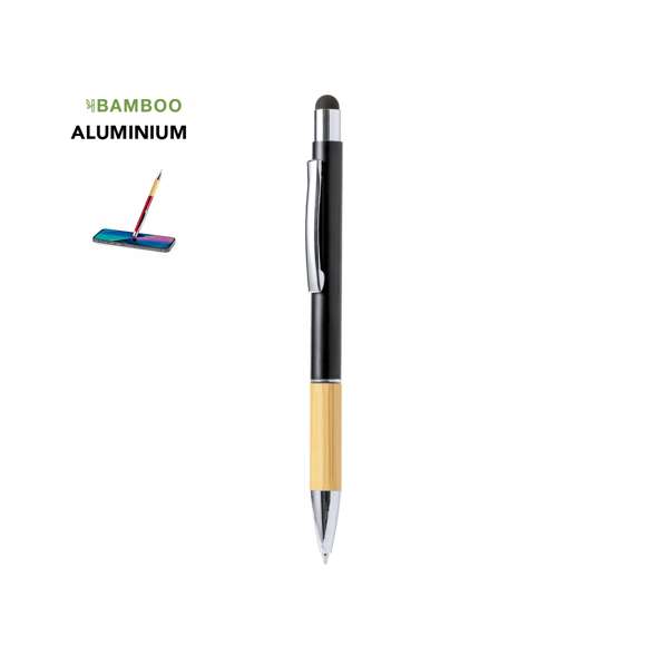 Elegante bolígrafo puntero de bambú y aluminio con mecanismo giratorio. Cuerpo en resistente aluminio de acabado brillante y empuñadura en bambú, con la caña en una amplia gama de distintivos colores y puntero en la parte superor a juego. Clip metálico y en tinta azul. Presentado en bolsa individual reciclada.Materiales como el bambú fomentan la utilización de materias primas naturales, reduciendo las emisiones contaminantes. Proviene de una planta de gran resistencia y versatilidad, con crecimiento y regeneración rápidos, siendo una excelente alternativa al uso de madera tradicional.