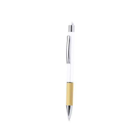Elegante bolígrafo puntero de bambú y aluminio con mecanismo giratorio. Cuerpo en resistente aluminio de acabado brillante y empuñadura en bambú, con la caña en una amplia gama de distintivos colores y puntero en la parte superor a juego. Clip metálico y en tinta azul. Presentado en bolsa individual reciclada.Materiales como el bambú fomentan la utilización de materias primas naturales, reduciendo las emisiones contaminantes. Proviene de una planta de gran resistencia y versatilidad, con crecimiento y regeneración rápidos, siendo una excelente alternativa al uso de madera tradicional.