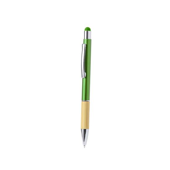 Elegante bolígrafo puntero de bambú y aluminio con mecanismo giratorio. Cuerpo en resistente aluminio de acabado brillante y empuñadura en bambú, con la caña en una amplia gama de distintivos colores y puntero en la parte superor a juego. Clip metálico y en tinta azul. Presentado en bolsa individual reciclada.Materiales como el bambú fomentan la utilización de materias primas naturales, reduciendo las emisiones contaminantes. Proviene de una planta de gran resistencia y versatilidad, con crecimiento y regeneración rápidos, siendo una excelente alternativa al uso de madera tradicional.