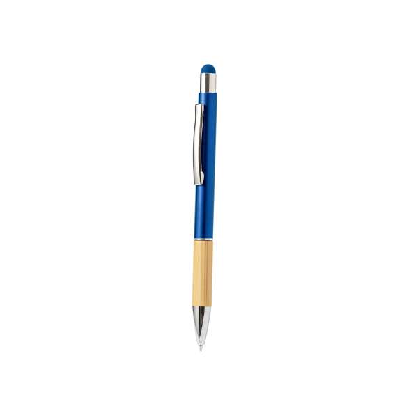 Elegante bolígrafo puntero de bambú y aluminio con mecanismo giratorio. Cuerpo en resistente aluminio de acabado brillante y empuñadura en bambú, con la caña en una amplia gama de distintivos colores y puntero en la parte superor a juego. Clip metálico y en tinta azul. Presentado en bolsa individual reciclada.Materiales como el bambú fomentan la utilización de materias primas naturales, reduciendo las emisiones contaminantes. Proviene de una planta de gran resistencia y versatilidad, con crecimiento y regeneración rápidos, siendo una excelente alternativa al uso de madera tradicional.