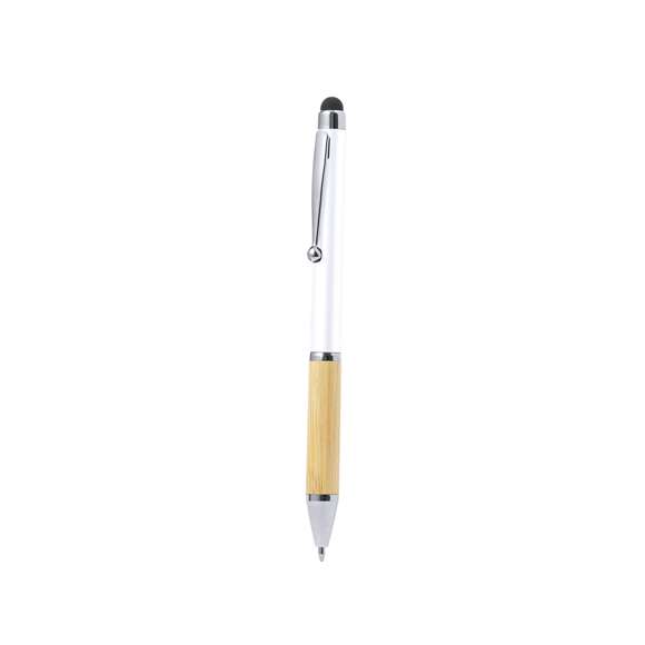 Elegante bolígrafo puntero de bambú y ABS. Cuerpo en acabado brillante y empuñadura en bambú con puntero en la parte superior en negro, con la caña en una amplia gama de distintivos colores metálicos. Clip metálico, con mecanismo giratorio y en tinta azul. Presentado en bolsa individual reciclada.Materiales como el bambú fomentan la utilización de materias primas naturales, reduciendo las emisiones contaminantes. Proviene de una planta de gran resistencia y versatilidad, con crecimiento y regeneración rápidos, siendo una excelente alternativa al uso de madera tradicional.