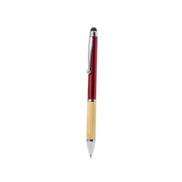 Elegante bolígrafo puntero de bambú y ABS. Cuerpo en acabado brillante y empuñadura en bambú con puntero en la parte superior en negro, con la caña en una amplia gama de distintivos colores metálicos. Clip metálico, con mecanismo giratorio y en tinta azul. Presentado en bolsa individual reciclada.Materiales como el bambú fomentan la utilización de materias primas naturales, reduciendo las emisiones contaminantes. Proviene de una planta de gran resistencia y versatilidad, con crecimiento y regeneración rápidos, siendo una excelente alternativa al uso de madera tradicional.