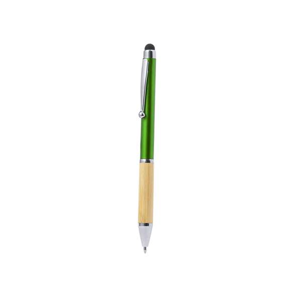 Elegante bolígrafo puntero de bambú y ABS. Cuerpo en acabado brillante y empuñadura en bambú con puntero en la parte superior en negro, con la caña en una amplia gama de distintivos colores metálicos. Clip metálico, con mecanismo giratorio y en tinta azul. Presentado en bolsa individual reciclada.Materiales como el bambú fomentan la utilización de materias primas naturales, reduciendo las emisiones contaminantes. Proviene de una planta de gran resistencia y versatilidad, con crecimiento y regeneración rápidos, siendo una excelente alternativa al uso de madera tradicional.