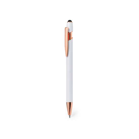 Excelente bolígrafo puntero de aluminio con mecanismo pulsador. Cuerpo en resistente aluminio de acabado mate con elementos decorativos de elegante acabado color cobre, con la caña en una amplia gama de distintivos colores. Clip metálico, con pulsador retráctil y puntero negro en la parte superior. En tinta azul. Presentado en una bolsa individual reciclada.