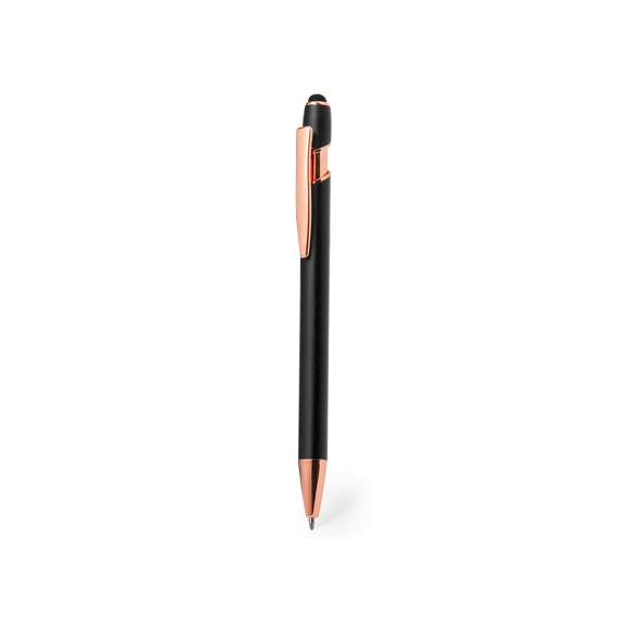Excelente bolígrafo puntero de aluminio con mecanismo pulsador. Cuerpo en resistente aluminio de acabado mate con elementos decorativos de elegante acabado color cobre, con la caña en una amplia gama de distintivos colores. Clip metálico, con pulsador retráctil y puntero negro en la parte superior. En tinta azul. Presentado en una bolsa individual reciclada.