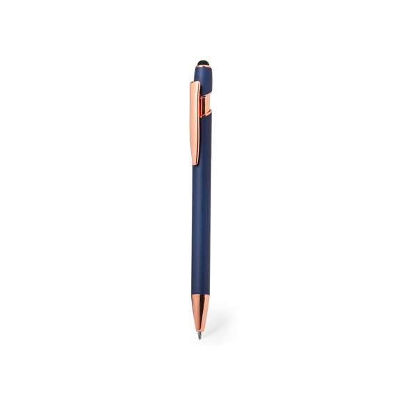 Excelente bolígrafo puntero de aluminio con mecanismo pulsador. Cuerpo en resistente aluminio de acabado mate con elementos decorativos de elegante acabado color cobre, con la caña en una amplia gama de distintivos colores. Clip metálico, con pulsador retráctil y puntero negro en la parte superior. En tinta azul. Presentado en una bolsa individual reciclada.