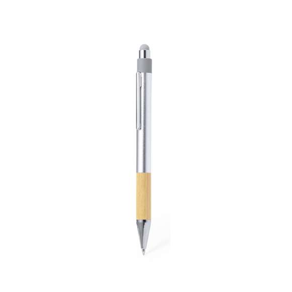 Elegante bolígrafo puntero de bambú y Aluminio Reciclado con mecanismo pulsador. Cuerpo en resistente Aluminio Reciclado de acabado mate y empuñadura en bambú con puntero en la parte superior en gris. Clip metálico, con pulsador retráctil. En tinta azul y con carga jumbo. Presentado en bolsa individual reciclada.Materiales como el bambú fomentan la utilización de materias primas naturales, reduciendo las emisiones contaminantes. Proviene de una planta de gran resistencia y versatilidad, con crecimiento y regeneración rápidos, siendo una excelente alternativa al uso de madera tradicional.El Aluminio Reciclado es un material con posibilidades de reciclaje casi infinitas, sin perder sus propiedades originales y consumiendo menos energía en este proceso.Certificación GRS (Global Recycled Standard / Estándar de Reciclaje Global), que garantiza el origen reciclado del material usado para fabricar el producto.