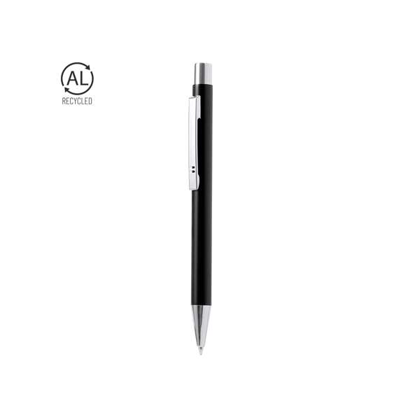 Elegante bolígrafo en Aluminio Reciclado con mecanismo pulsador. Cuerpo en resistente Aluminio Reciclado de acabado brillante, en variada gama de colores. Clip metálico con pulsador retráctil. En tinta azul y con carga jumbo. Presentado en bolsa individual reciclada.El Aluminio Reciclado es un material con posibilidades de reciclaje casi infinitas, sin perder sus propiedades originales y consumiendo menos energía en este proceso.Certificación GRS (Global Recycled Standard / Estándar de Reciclaje Global), que garantiza el origen reciclado del material usado para fabricar el producto.