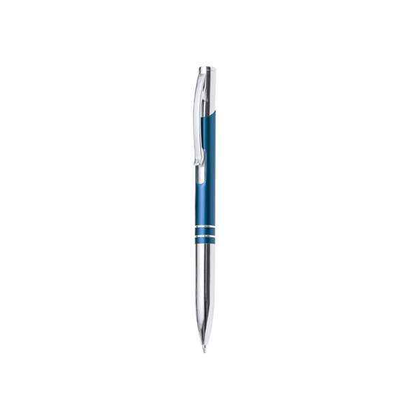Original bolígrafo de mecanismo pulsador en elegante diseño bicolor. Cuerpo troquelado en aluminio de suave acabado en variados colores. Original clip, anillas y punta en plateado. En tinta azul.