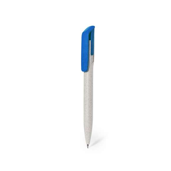 Práctico bolígrafo fabricado en caña de trigo. De mecanismo pulsador, en tinta azul y con logotipo Wheat Straw en la parte superior del bolígrafo. Con clip en variada gama de colores y cuerpo natural. La caña de trigo fomenta la utilización de materias primas naturales, reduciendo así las emisiones contaminantes.