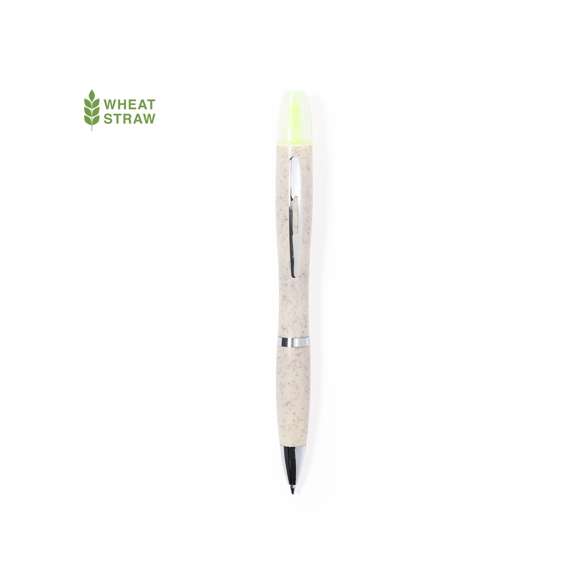 Práctico bolígrafo fabricado en caña de trigo y ABS con marcador incluido. De mecanismo giratorio y en tinta azul. En la parte superior incluye un útil marcador amarillo fluorescente con capucha. Logotipo Wheat Straw en la parte superior del bolígrafo, con clip y accesorios metálicos, y cuerpo color natural. La caña de trigo fomenta la utilización de materias primas naturales, reduciendo así las emisiones contaminantes.