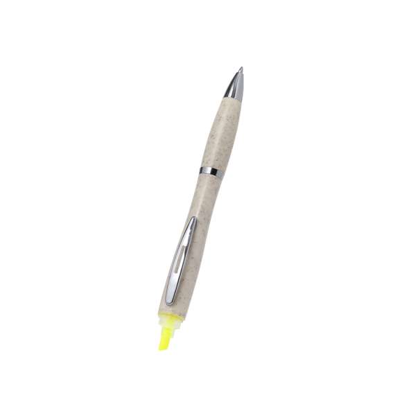 Práctico bolígrafo fabricado en caña de trigo y ABS con marcador incluido. De mecanismo giratorio y en tinta azul. En la parte superior incluye un útil marcador amarillo fluorescente con capucha. Logotipo Wheat Straw en la parte superior del bolígrafo, con clip y accesorios metálicos, y cuerpo color natural. La caña de trigo fomenta la utilización de materias primas naturales, reduciendo así las emisiones contaminantes.