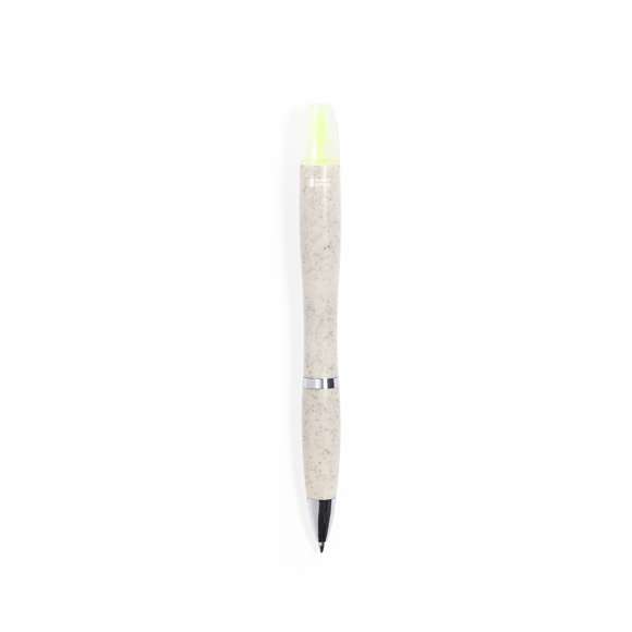 Práctico bolígrafo fabricado en caña de trigo y ABS con marcador incluido. De mecanismo giratorio y en tinta azul. En la parte superior incluye un útil marcador amarillo fluorescente con capucha. Logotipo Wheat Straw en la parte superior del bolígrafo, con clip y accesorios metálicos, y cuerpo color natural. La caña de trigo fomenta la utilización de materias primas naturales, reduciendo así las emisiones contaminantes.