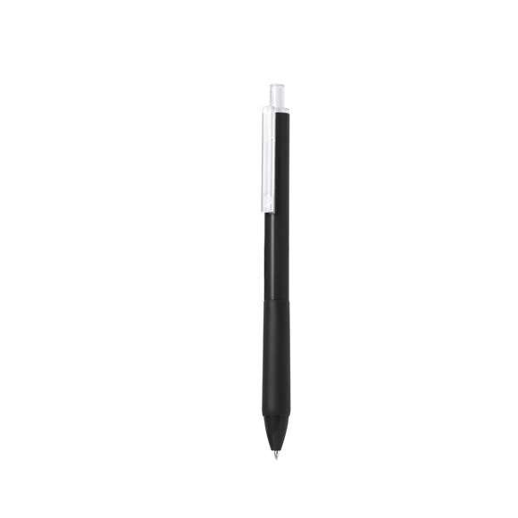 Bolígrafo de mecanismo pulsador fabricado en ABS reciclado. Clip y pulsador transparentes, con cuerpo de suave acabado en variados colores y empuñadura a juego. Logotipo ABS reciclado en la parte superior del bolígrafo. En tinta azul.El RABS es un plástico altamente reciclable de gran resistencia y con multitud de aplicaciones que lo convierten en una solución eco-friendly. Con certificación RCS, que garantiza el origen reciclado del mismo.