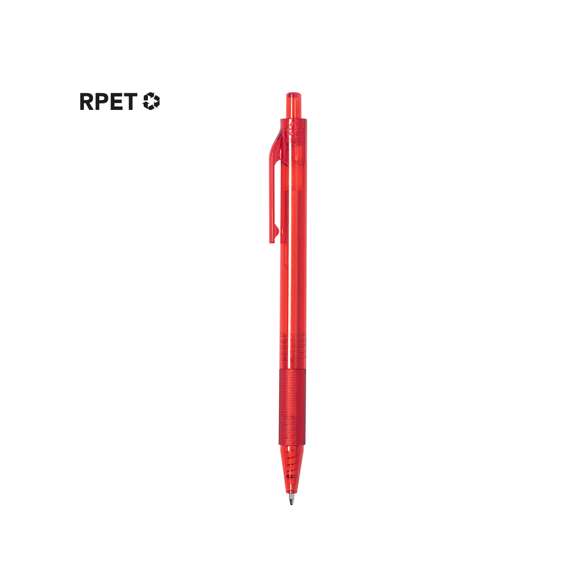 Bolígrafo de mecanismo pulsador fabricado en RPET. Cuerpo de suave acabado en variados colores transparentes y empuñadura a juego. Logotipo RPET en la parte superior del bolígrafo. En tinta azul.El material RPET se elabora a partir de plástico reciclado, para así fomentar la reutilización de residuos plásticos y ayudar a la sostenibilidad del planeta.