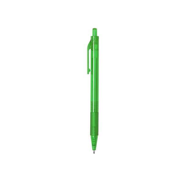 Bolígrafo de mecanismo pulsador fabricado en RPET. Cuerpo de suave acabado en variados colores transparentes y empuñadura a juego. Logotipo RPET en la parte superior del bolígrafo. En tinta azul.El material RPET se elabora a partir de plástico reciclado, para así fomentar la reutilización de residuos plásticos y ayudar a la sostenibilidad del planeta.