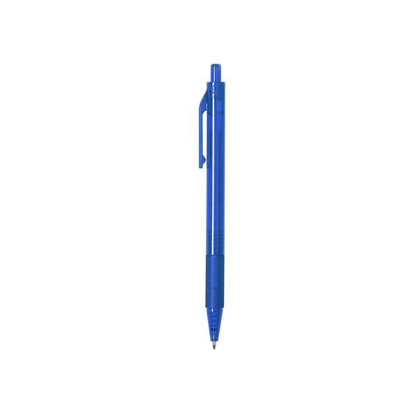 Bolígrafo de mecanismo pulsador fabricado en RPET. Cuerpo de suave acabado en variados colores transparentes y empuñadura a juego. Logotipo RPET en la parte superior del bolígrafo. En tinta azul.El material RPET se elabora a partir de plástico reciclado, para así fomentar la reutilización de residuos plásticos y ayudar a la sostenibilidad del planeta.