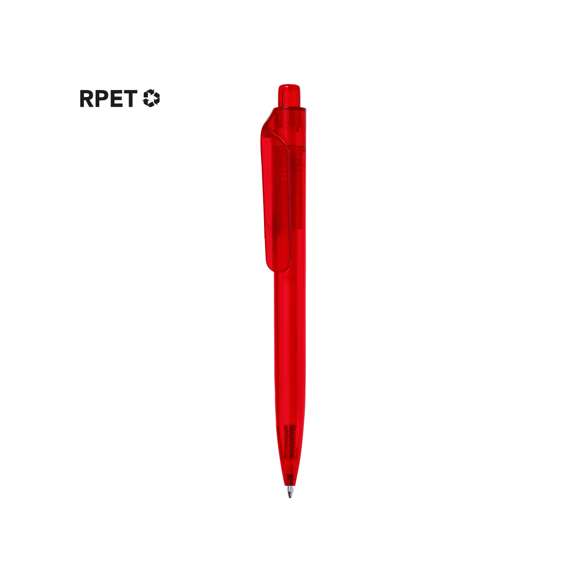 Bolígrafo de mecanismo pulsador fabricado en RPET. Cuerpo de suave acabado en variados colores transparentes y clip amplio. Logotipo RPET en la parte superior del bolígrafo, en tinta azul.El material RPET se elabora a partir de plástico reciclado, para así fomentar la reutilización de residuos plásticos y ayudar a la sostenibilidad del planeta.