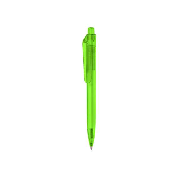 Bolígrafo de mecanismo pulsador fabricado en RPET. Cuerpo de suave acabado en variados colores transparentes y clip amplio. Logotipo RPET en la parte superior del bolígrafo, en tinta azul.El material RPET se elabora a partir de plástico reciclado, para así fomentar la reutilización de residuos plásticos y ayudar a la sostenibilidad del planeta.